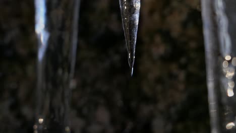 Macro-De-Derretimiento-De-Carámbanos,-Hielo-Goteando-Agua-Invierno-Principios-De-Primavera-De-Cerca