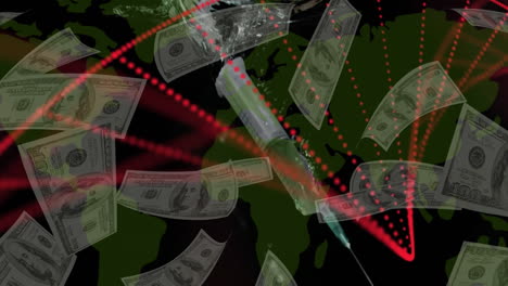 animación de manchas rojas y necesidad hipodérmica de vacunación sobre billetes de dólar que caen