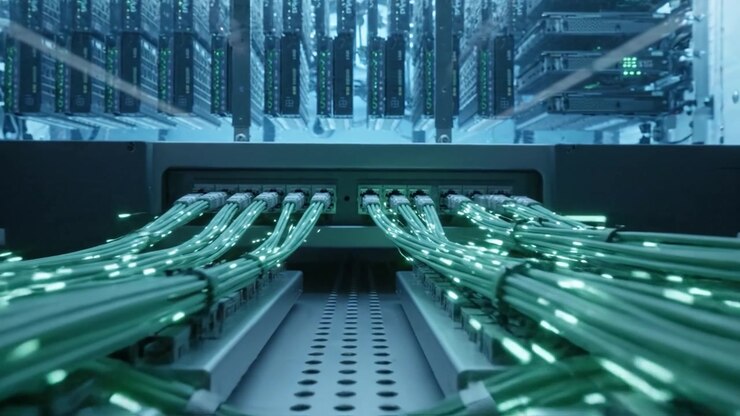 Illuminated Network Cables and Data Center Components Showcased in a High-Tech Server Room with Glowing Lights and Advanced Computing Hardware
