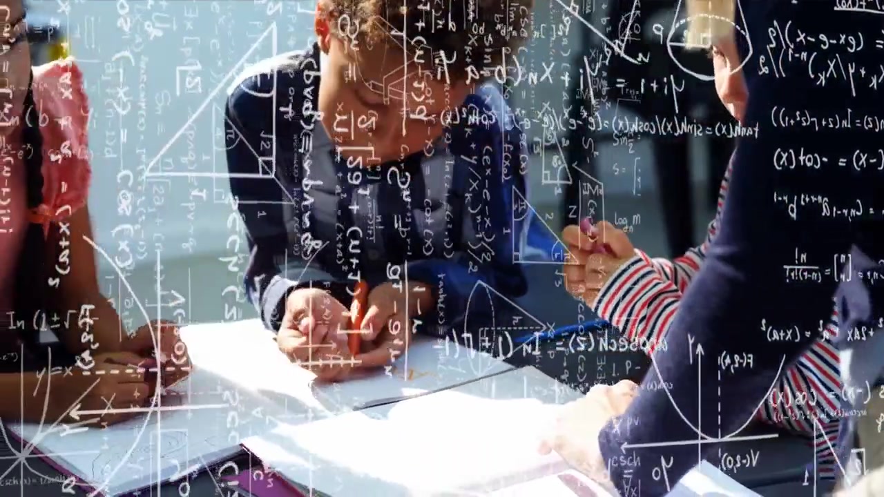 Boy starting writing, peers discussing while tutor guiding, math overlay highlighting learning