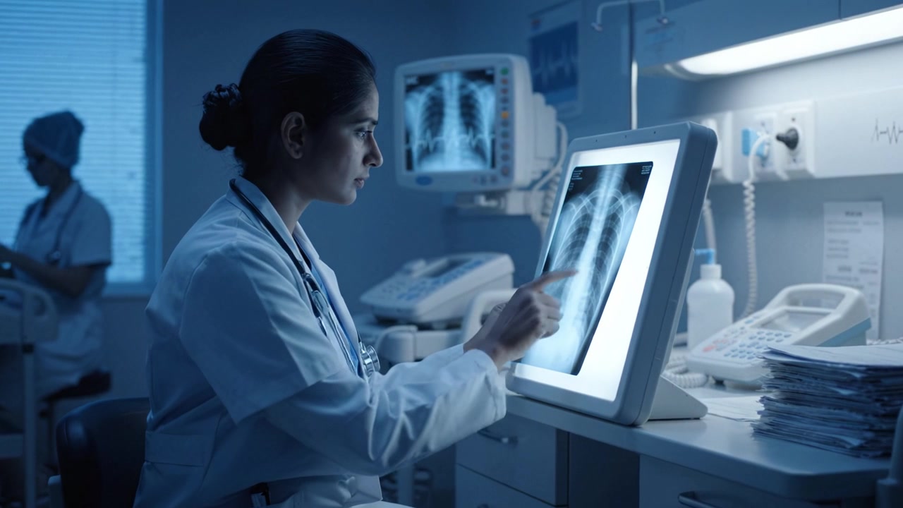 Doctor and Radiologist Analyzing X-Ray Images in a Dimly Lit Medical Office, Focusing on Lung Conditions During an Examination in a Clinical Environment