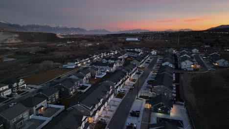 incredible sunset aerial at bringhurst in bluffdale utah, establishing truck left shot