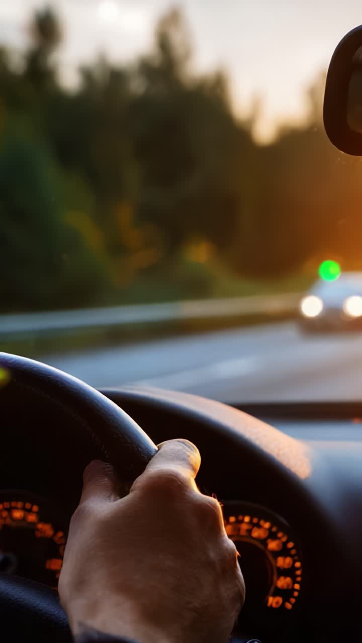 A driver's hand gripping the steering wheel, navigating the road during a scenic sunset with a blurred car in the distance, showcasing the essence of road travel