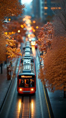 autumn tram travels through a vibrant city street at twilight