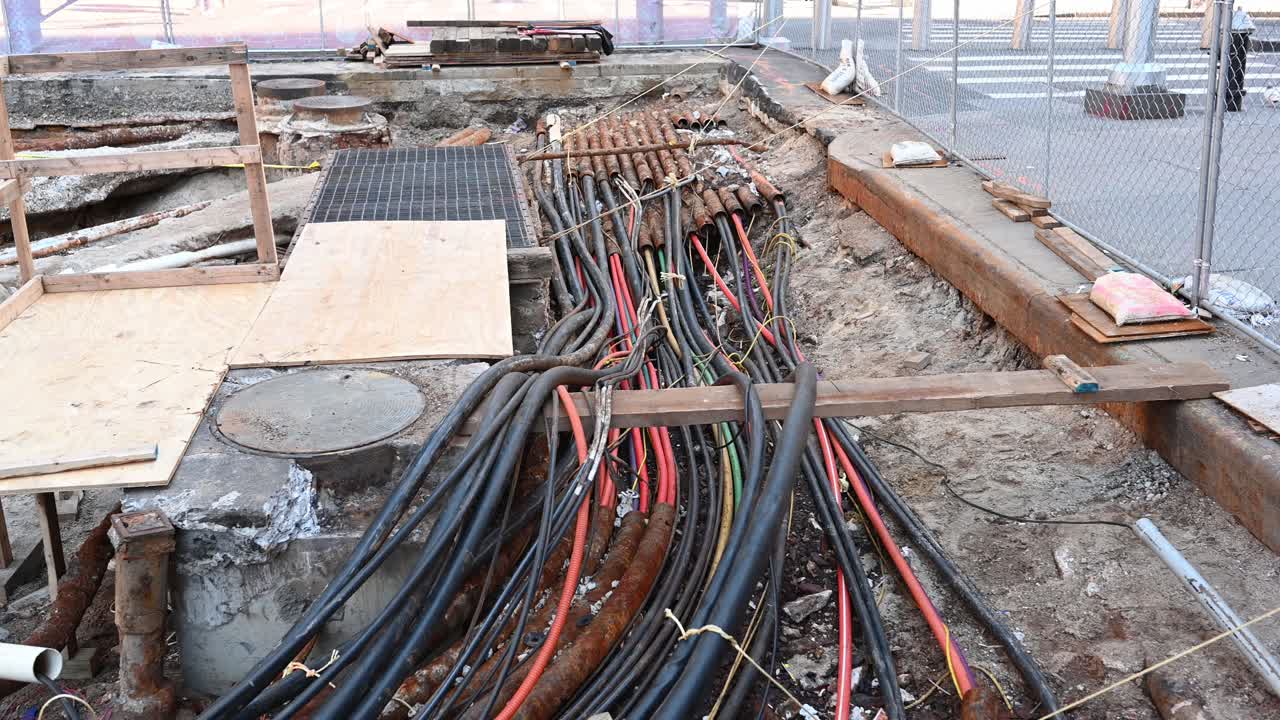 Tubature, condotti e cablaggio elettrico a vista sotto le strade di New York City.