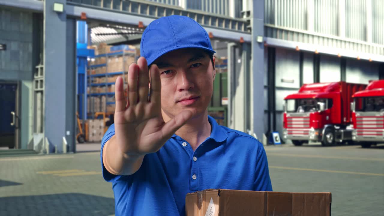 Close Up Of Asian male Courier In Blue Uniform Making Stop Gesture And Shaking his Head While Delivering A Carton, Outside of Logistics Distributions Warehouse