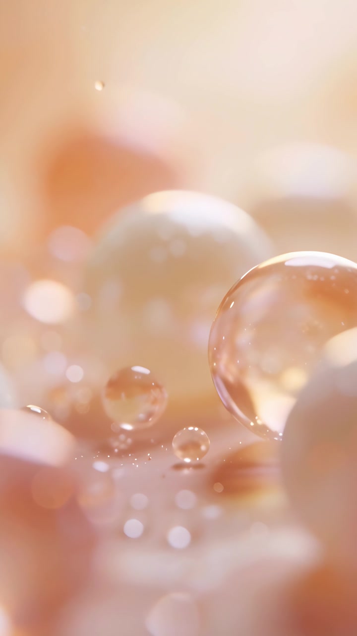 Video verticale: Luce calda cangiante che crea bagliori che scivolano su goccioline in laboratorio macro, perle.