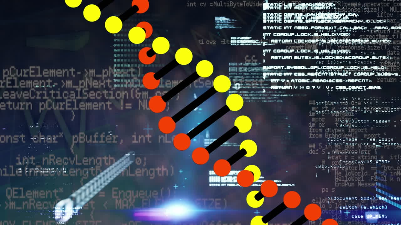 데이터 처리에 대해 회전하는 dna 구조의 애니메이션과 파란색 배경에 대한 빛의 반점