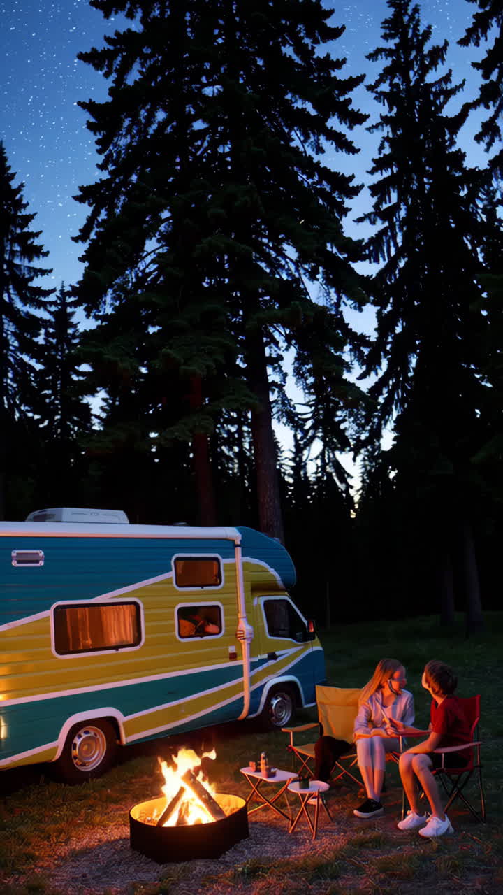 Family camping at night with RV and campfire under starry sky