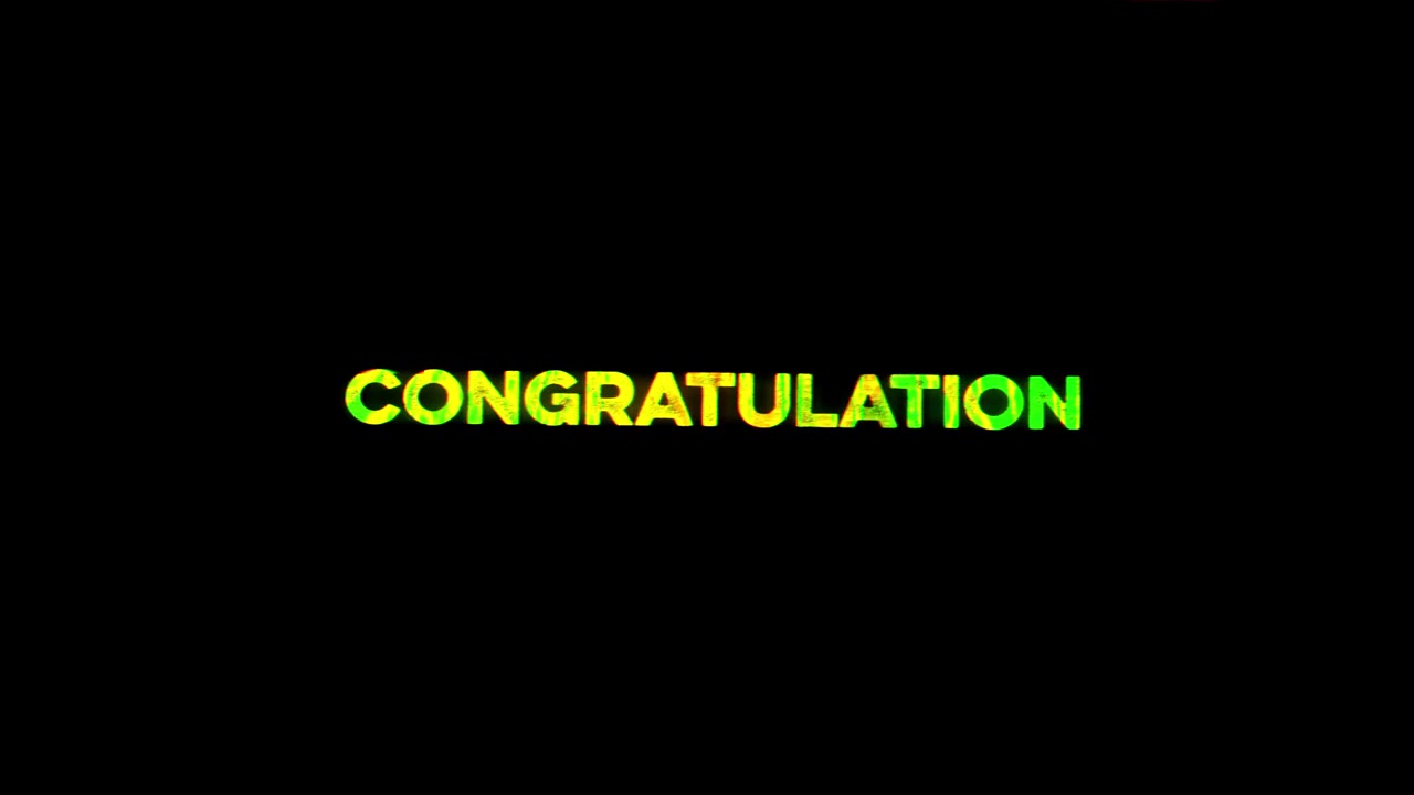 Animazione testo "Congratulazioni" in stile glitch su sfondo nero