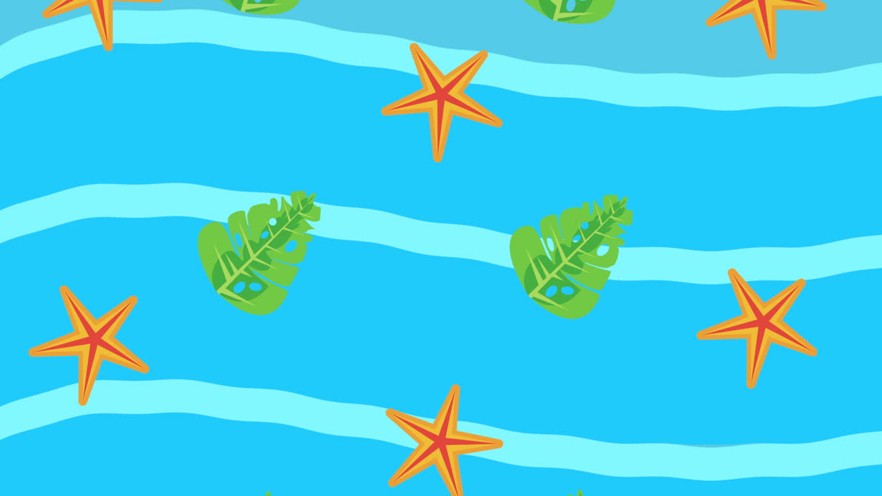 temporada de vacaciones de verano con hojas y estrellas de mar en el agua del mar