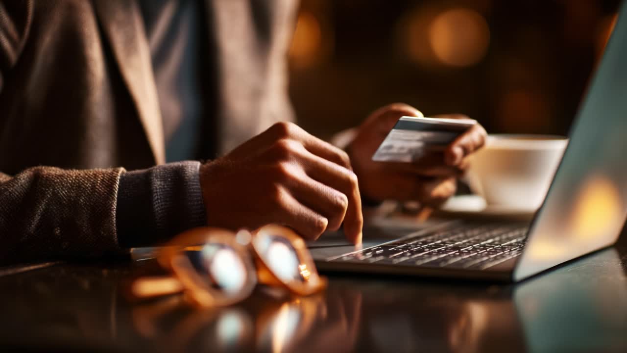 A close-up view of a person engaged in online shopping, using a credit card while typing on a laptop, showcasing digital transactions and modern consumer behavior