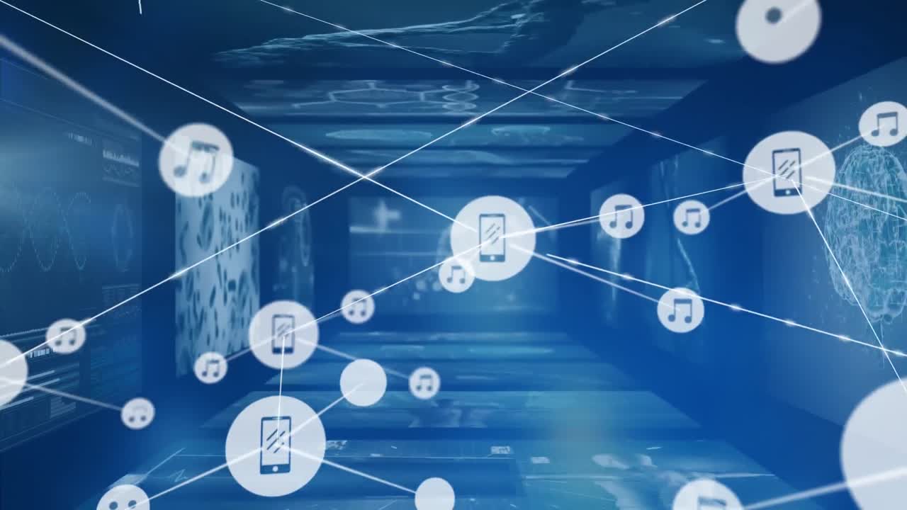 Animation of network of digital icons against screens with medical data processing