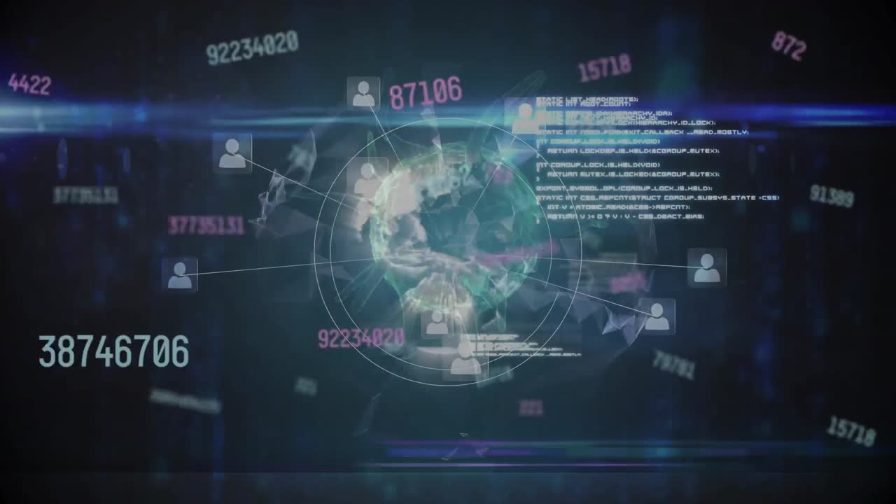 múltiples números cambiantes sobre la célula de covid-19 girando contra el globo y el procesamiento de datos