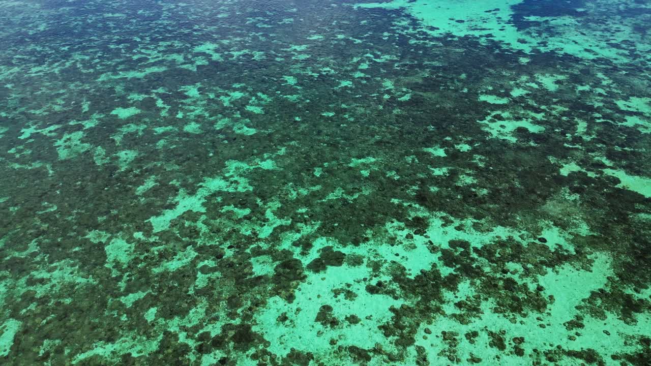 Drone revealing a vast and shallow coral reef with clouds reflecting on the calm water from the horizon