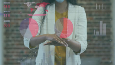 procesamiento de datos estadísticos contra la mujer que usa máscara facial usando desinfectante de manos en la oficina