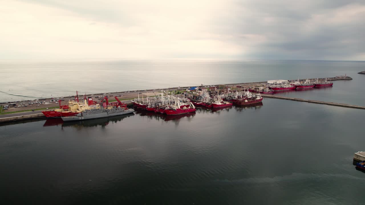 Orbit View of Fleet of Boats in Port,Breakwater Mar Del Plata, Argentina