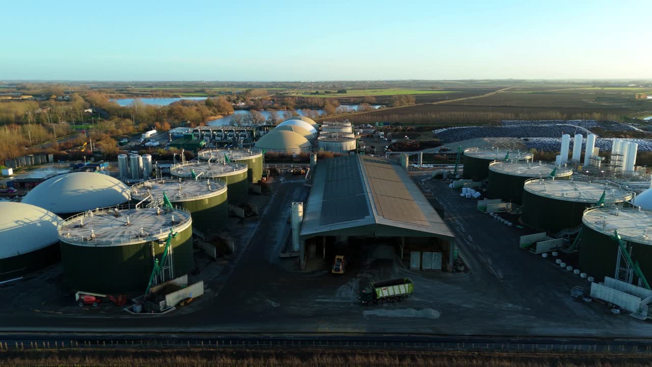 Professional aerial view of a large-scale agricultural waste facility, documenting the transition toward circular energy production in Cambridgeshire