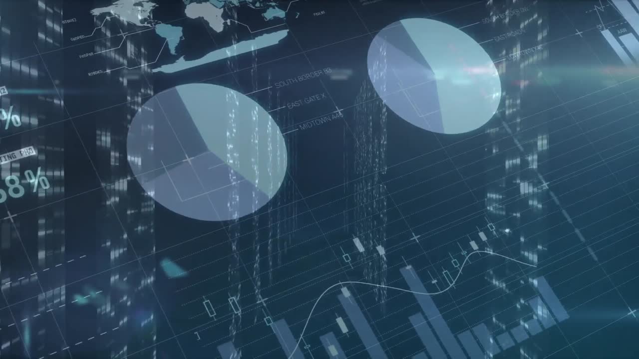 Animation of stock market numbers and computer processors recording data in background