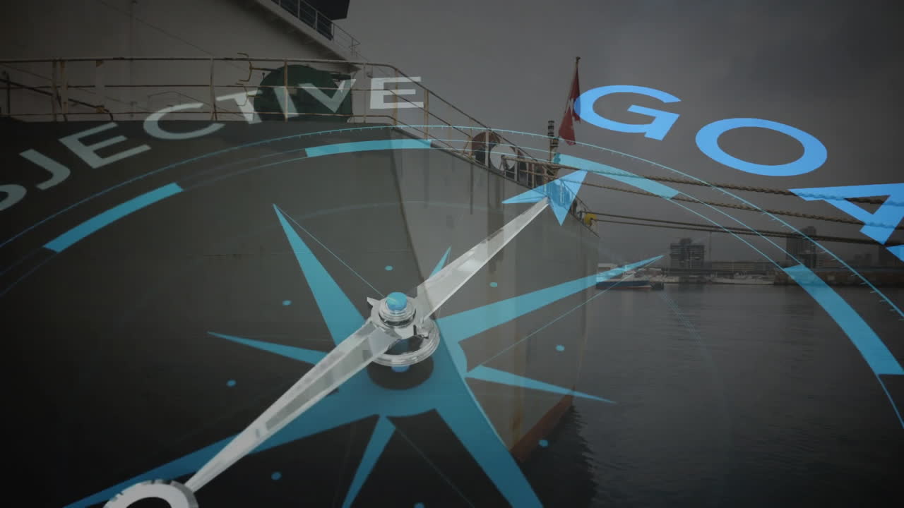 animación de giro de la brújula y texto objetivo de la meta sobre el astillero