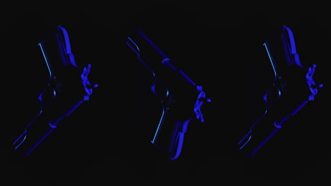 pistols on the dark background and in blinking red and blue light rotate in slowmotion