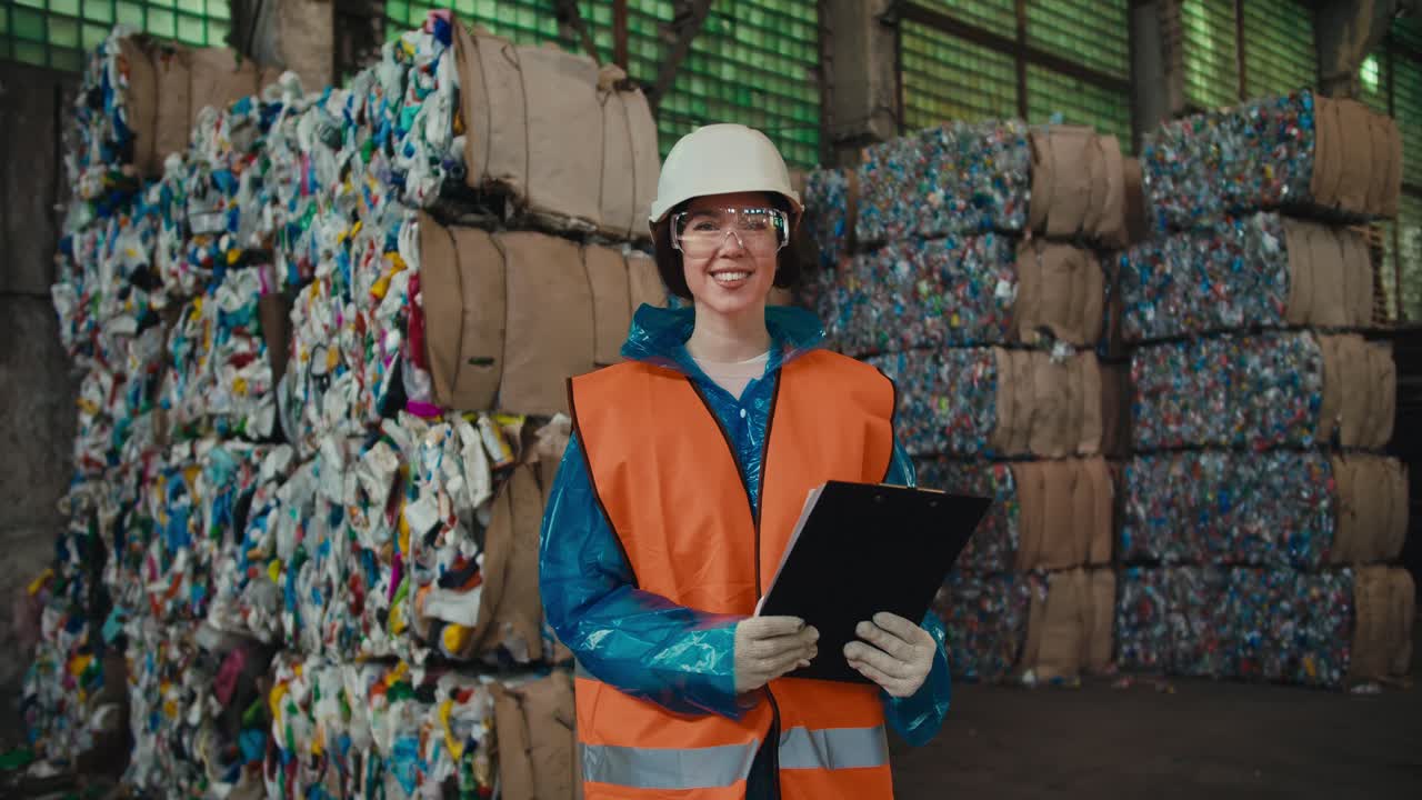 retrato de una feliz chica morena en un uniforme de protección azul y un chaleco naranja que está sosteniendo una tableta en sus manos sonriendo y mirando a la cámara cerca de una gran pila de plástico reciclado en una planta de reciclaje de residuos