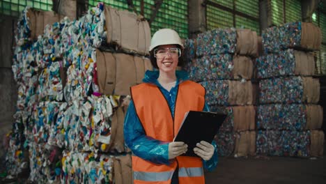 Portrait-of-a-happy-brunette-girl-in-a-blue-protective-uniform-and-an-orange-vest-who-is-holding-a-tablet-in-her-hands-smiling-and-looking-at-the-camera-near-a-large-pile-of-recycled-plastic-at-a-waste-recycling-plant