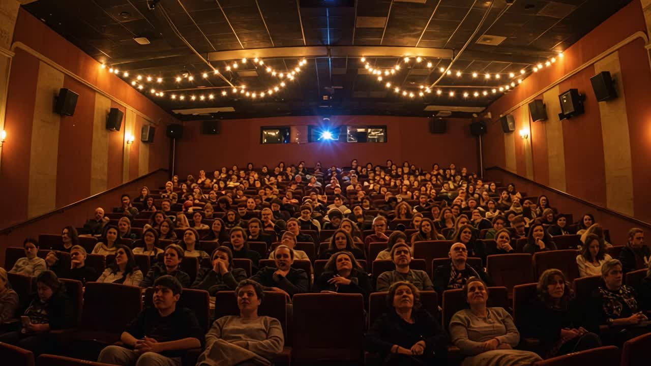 A Captivating Scene in a Movie Theater: Audience Engrossed in Film as Projection Light Illuminates the Darkness with Twinkling Lights Above