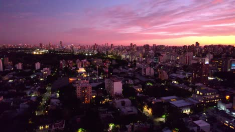 aerial view establishing the núñez neighborhood, wealthy neighborhood of the argentine capital, epic sunset with clouds