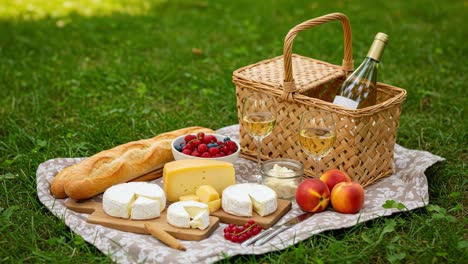delightful outdoor picnic setup featuring gourmet cheeses, fresh fruits, and a bottle of wine on a cozy blanket in a green park environment