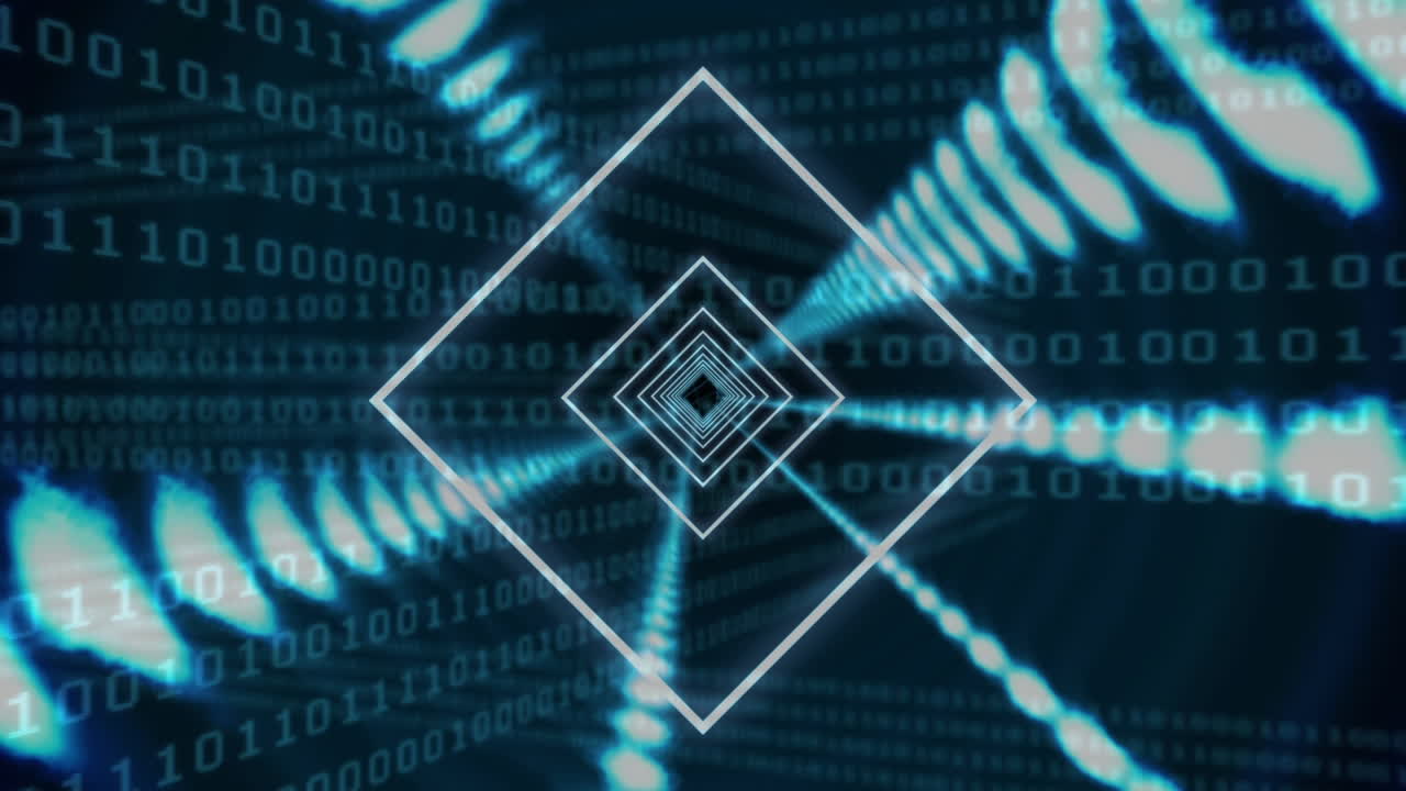 Animation of tunnel made of squares over binary code on black background