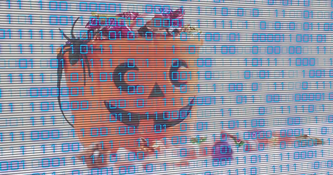 Halloween Pumpkin Bucket with Candy and Moving Binary Code Overlay
