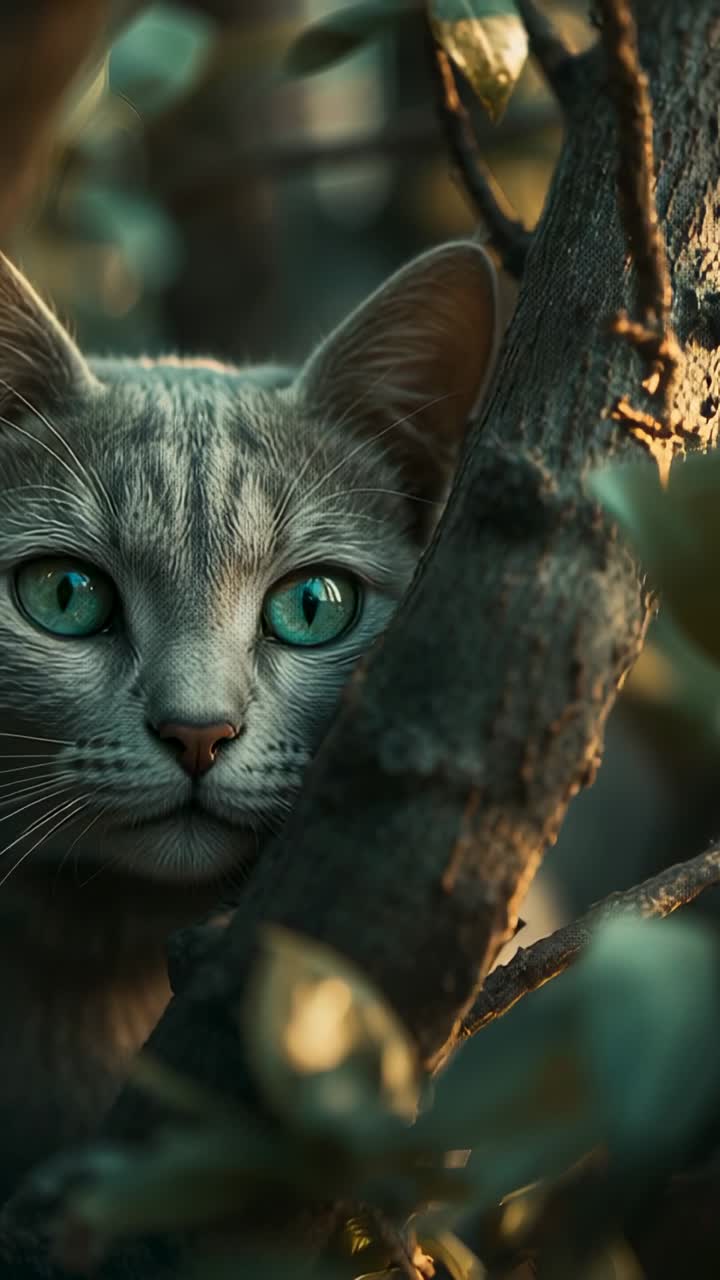 Video verticale: si sente il fruscio delle foglie, un gatto soriano spunta da dietro un tronco in giardino e scruta le foglie