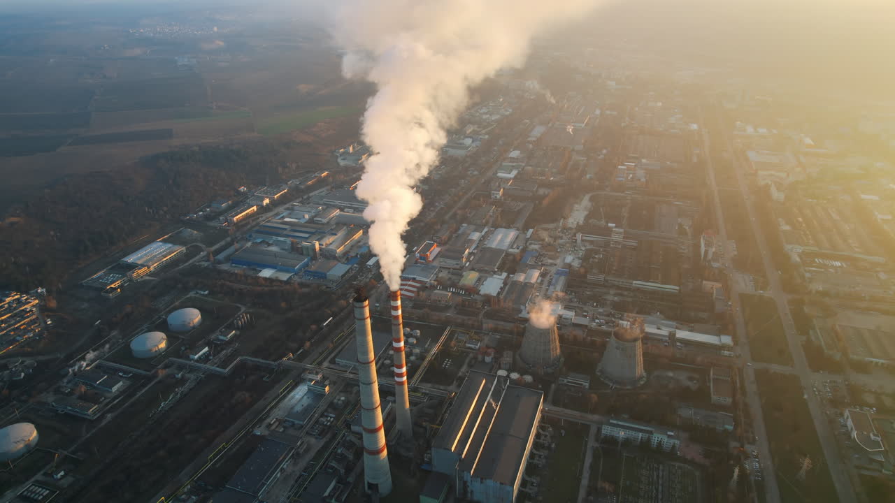 Aerial drone view of thermal power plant in Chisinau at sunset, Moldova. View of pipes with felling steam, cityscape