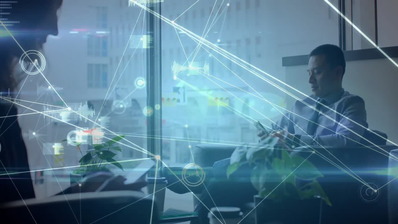 Network connections and data processing animation over business people in office