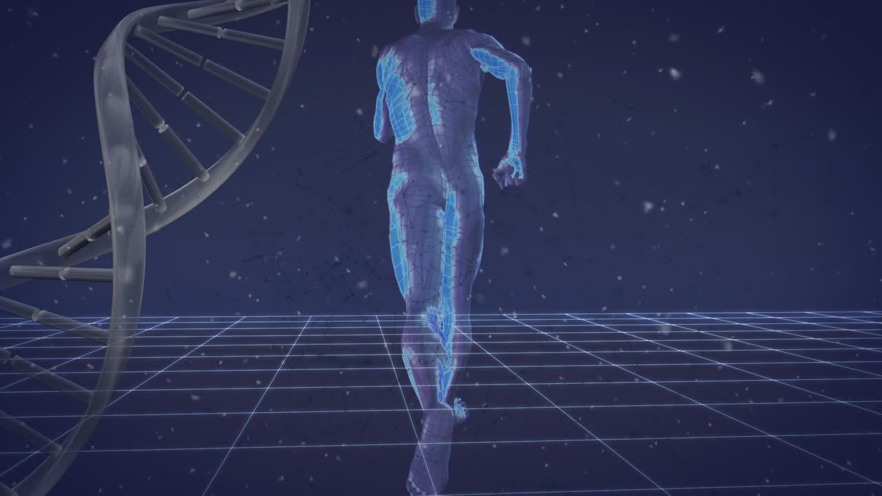 animación de cadenas de adn y formas humanas que corren sobre ellas