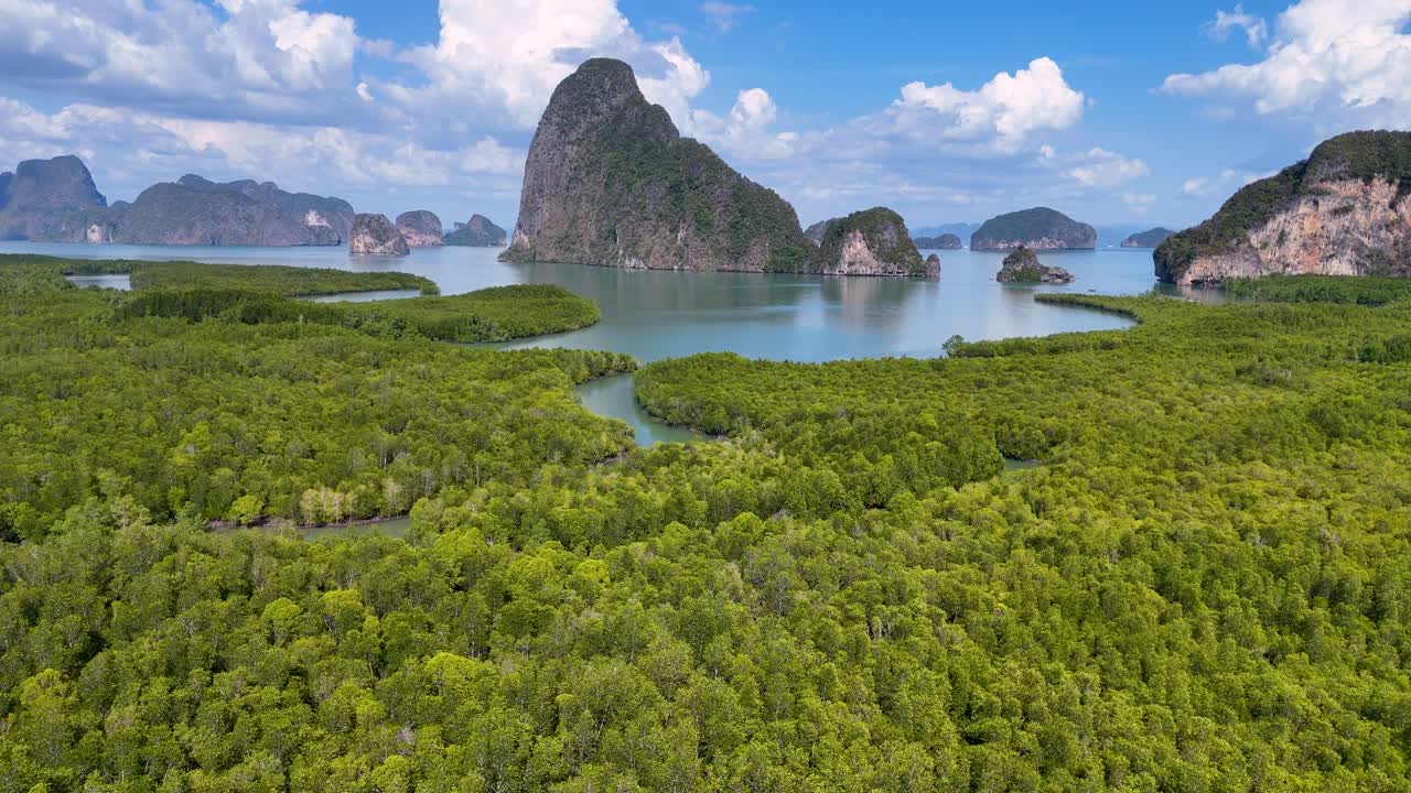 Drone footage captures lush mangroves and limestone cliffs in Phang Nga, Thailand, under bright daylight, showcasing natural beauty and tranquility