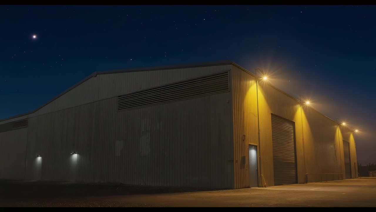 Starting camera recording warehouse under starry sky, with floodlights illuminating roll-up door