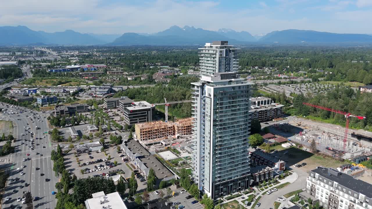 Condominium Buildings Rise In The City Of Langley In British Columbia, Canada. Aerial Drone Shot
