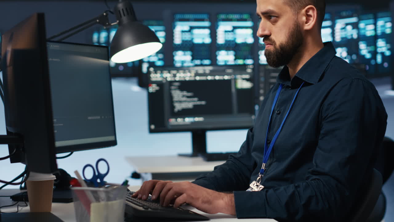 Software developer overseeing servers, running code