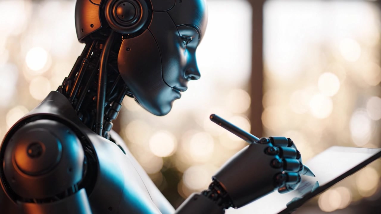 Futuristinen robottihahmo esittelee edistyneitä kykyjään kirjoittamalla digitaaliselle tabletille, korostaen teknologian ja luovuuden risteyskohtaa.