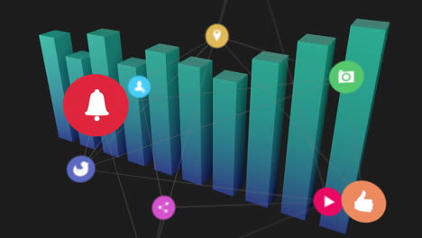 animation of network of connections with icons and statistics data processing over black background