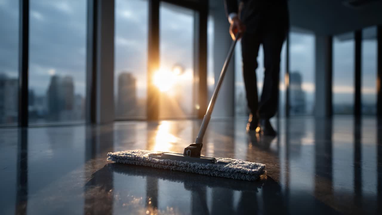 A Professional Cleaning Expert Methodically Cleans the Floor of a Modern Office Space as Sunset Light Streams Through Large Windows, Highlighting the Gleaming Surface