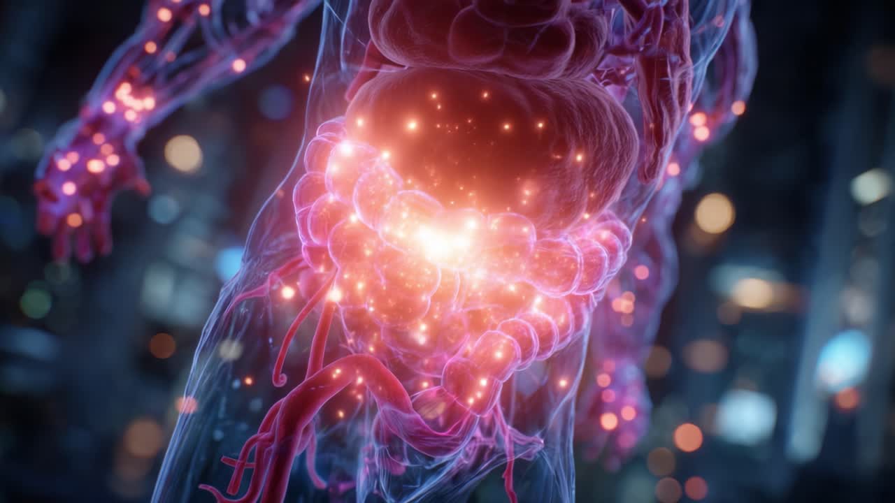 A Detailed Exploration of the Human Digestive System Illuminated by Glowing Particles, Showcasing the Complex Interplay of Biological Processes and Anatomical Structures