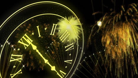 animation of clock showing midnight and fireworks exploding on black background