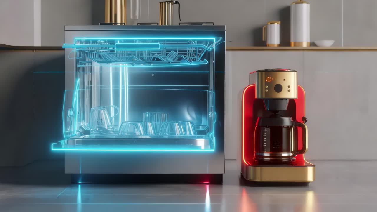 современные кухонные приборы - посудомоечная машина и кофеварка