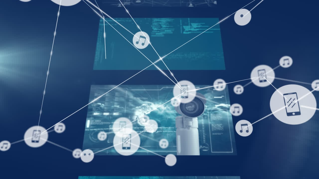 데이터 처리 및 라이트 스 ⁇ 과 함께 여러 화면에서 디지털 아이콘 네트워크의 애니메이션