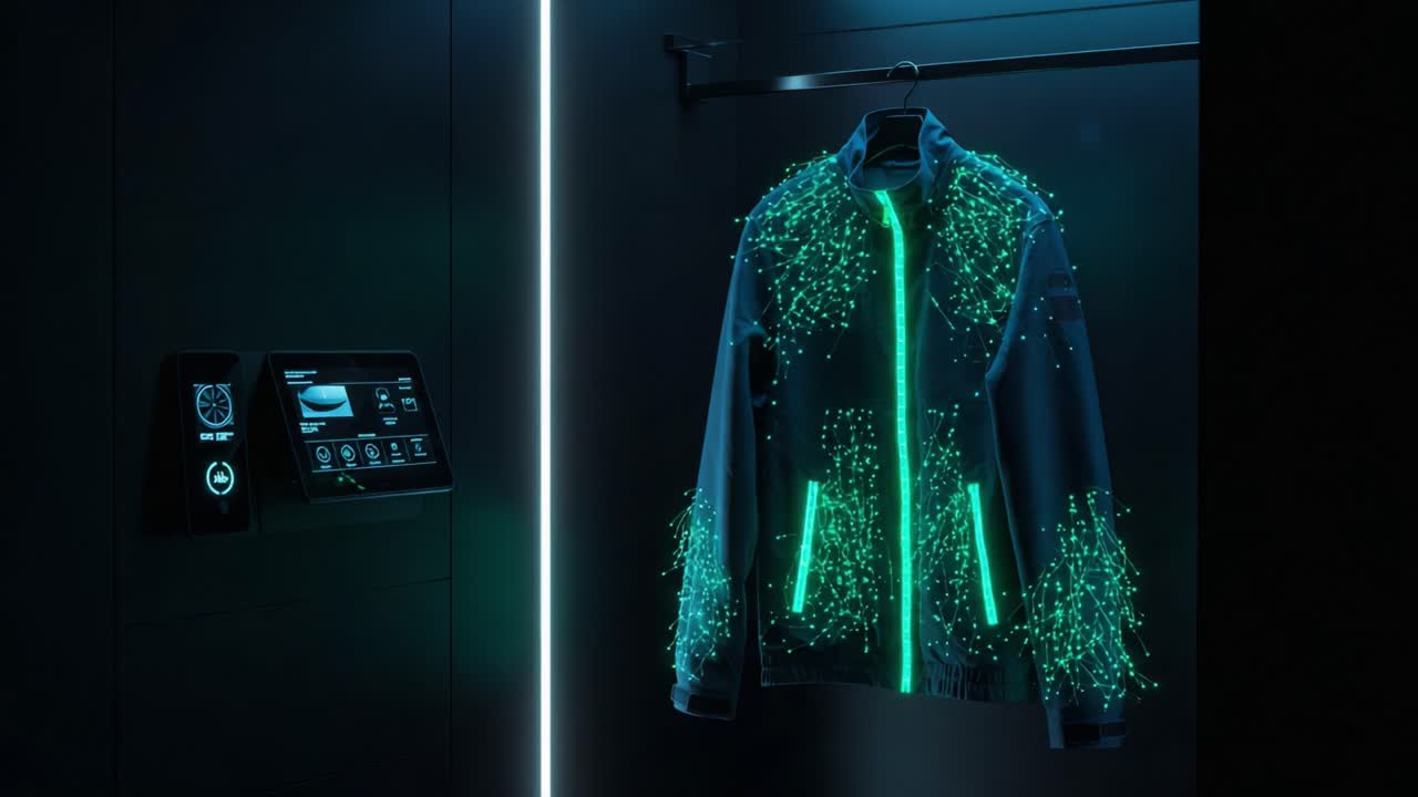 A Stunning Display of Innovative Fashion Technology: A Futuristic Jacket Illuminated with Dynamic Neon Lights and Interactive Digital Features in a High-Tech Closet Environment