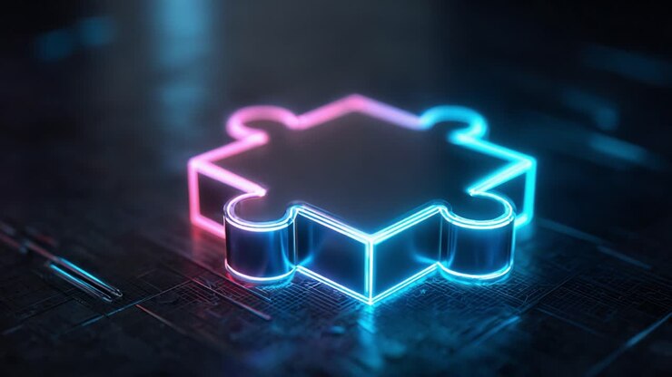 Belyst puslespilsbrik på en digital baggrund, der fremhæver vigtigheden af forbindelse inden for teknologi og design og viser en blanding af neonfarver og moderne æstetik