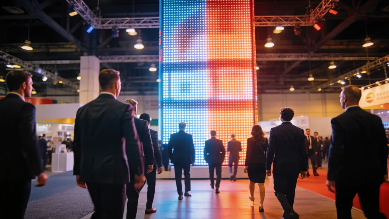 Walking professionals wearing dark suits following bright LED column in expo hall, seeking exhibit